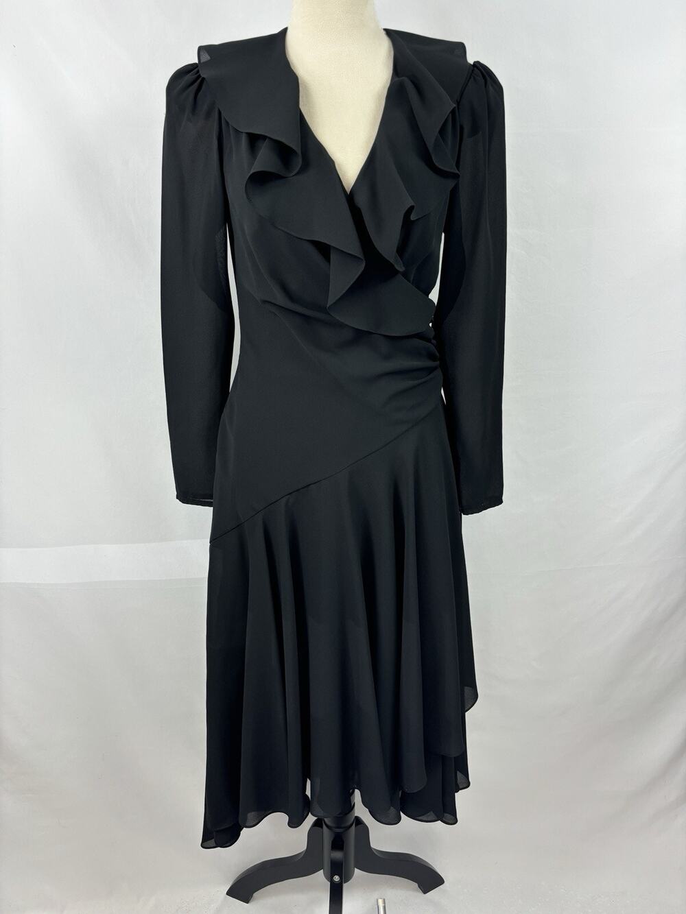 Joy Stevens California Wrap Dress Black 6 Sheer Ruffles Cut Out Long Sleeve
